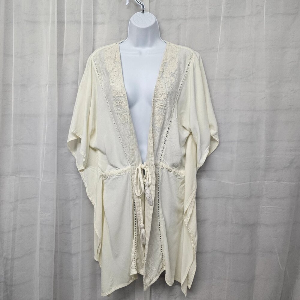 Sweet Magnolia Cream Tie Embroidered Kimono Boho Festival Lounge OSFA